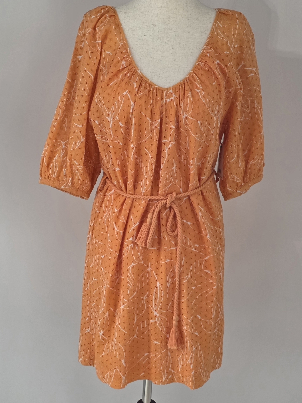 Joie Orange Tilman V-Neck Eyelit Short Sleeve Tie-Waist Mini Dress Size XSmall